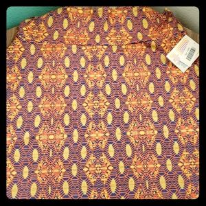 LuLaRoe Azure Skirt in a Repeated Orange/Yellow Pattern on Royal Blue Size 2X